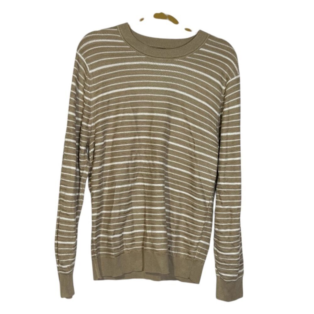 Magaschoni Pullover Knit Sweater Striped Tan and White Size Large
